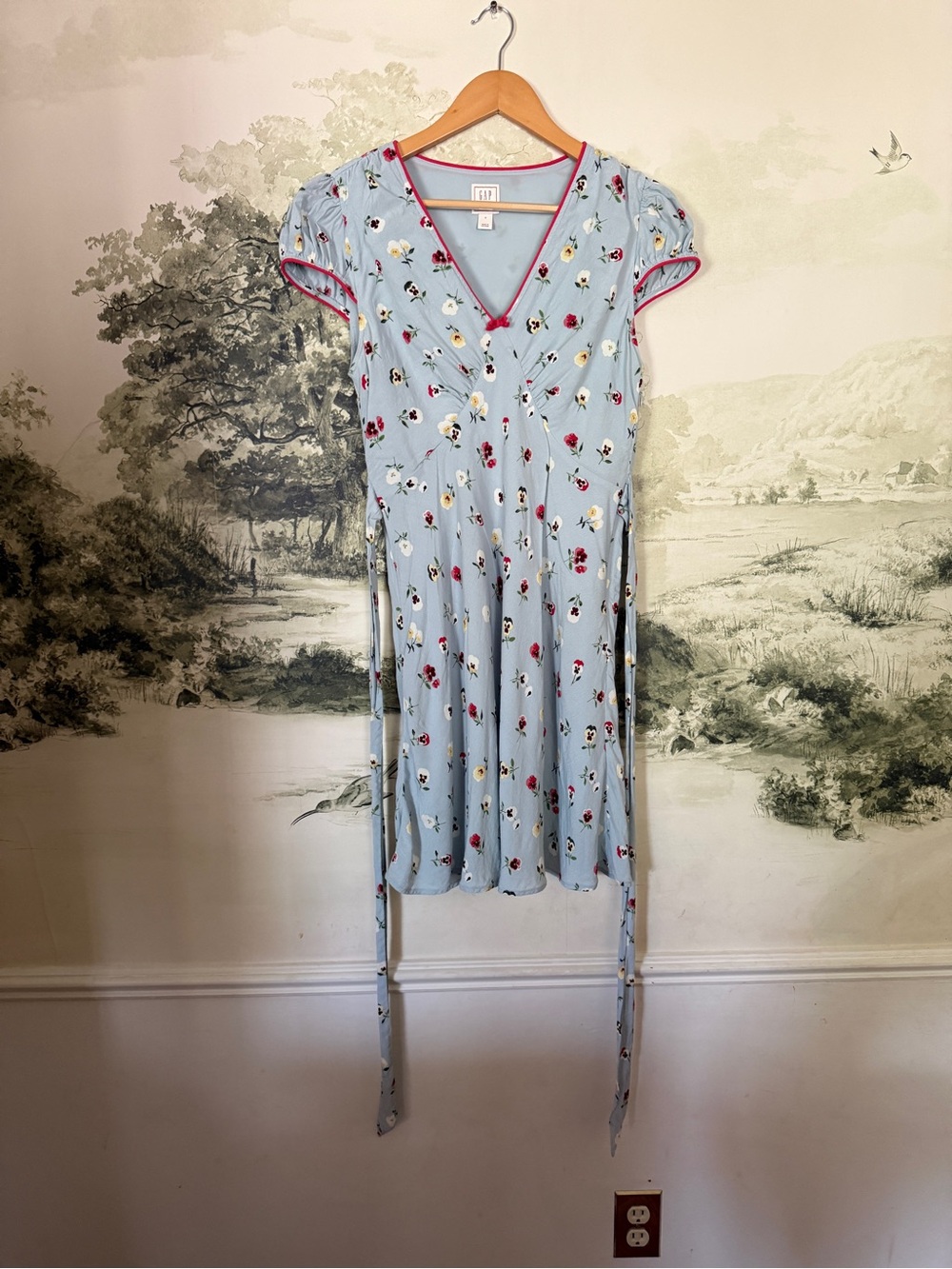 GAP / Doen Light Blue Floral Wrap Dress with Pink Trim